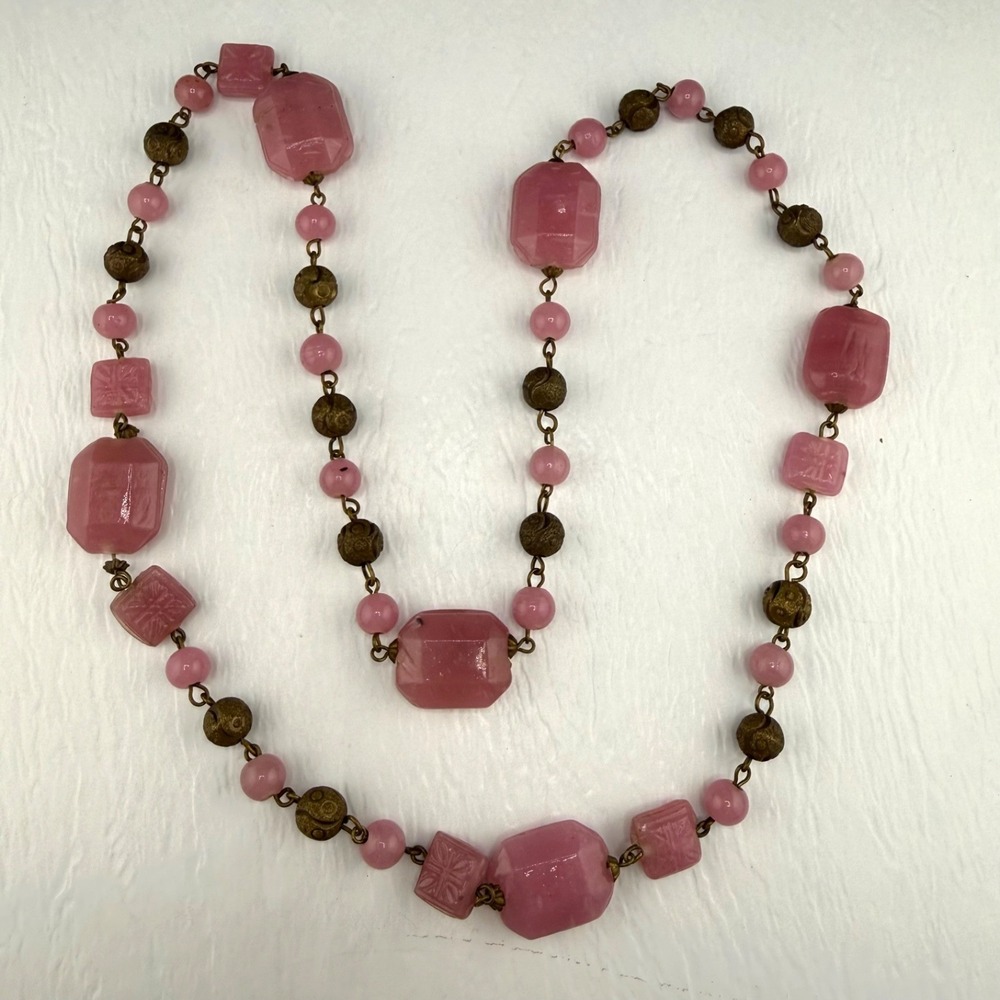 Vintage Estate Beaded Necklace Pink Molded Glass Art Deco Style 30in